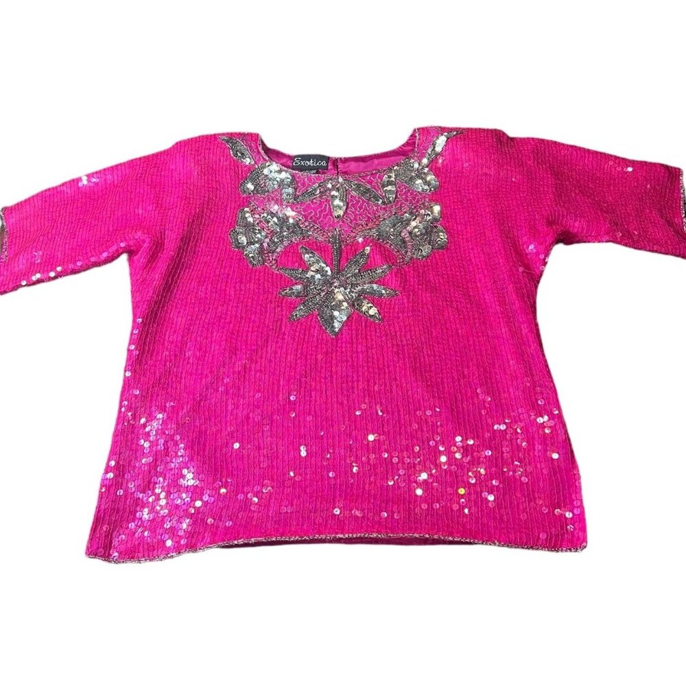 Vintage 80's Exotica Women's S Sequined Cocktail Formal Evening‎ Disco Silk Top